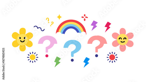 Whimsical rainbow and question marks with smiling flowers lightning bolts stars