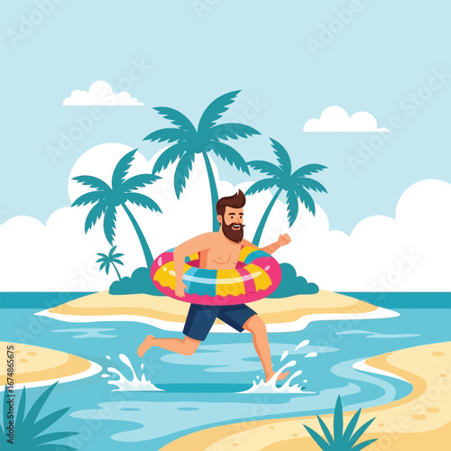 Bearded man joyfully runs into tropical ocean water, carrying inflatable ring, towards a small island.