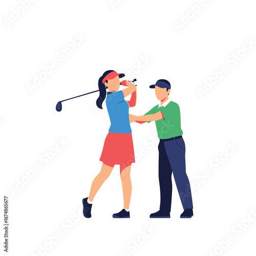 A female golfer receives expert guidance from her instructor during a golf lesson, focusing on her swing technique.