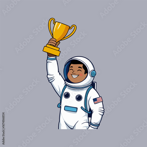 A charming vector illustration of a joyful astronaut standing on a colorful asteroid, holding a sparkling trophy, as colorful comets and shooting stars zip by in the cosmic sky.