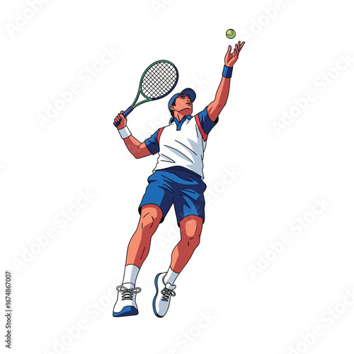 A male tennis player with a racket is about to serve the ball during a match.