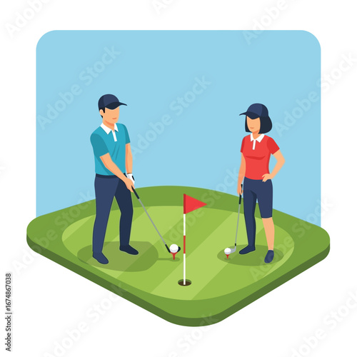 Two people playing golf on a green course, with one preparing to hit the ball near the hole.