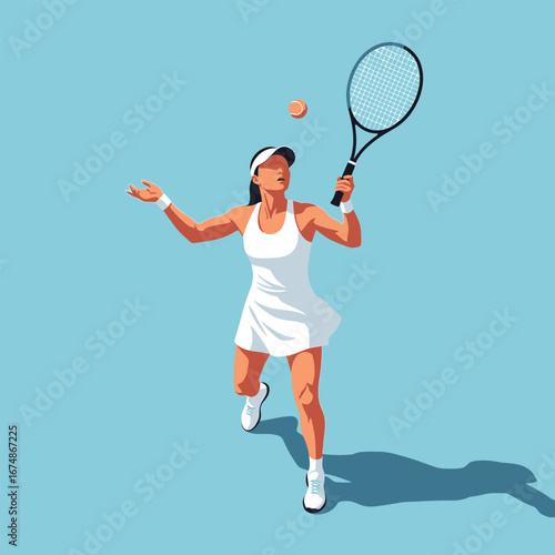 A female tennis player prepares to serve, holding a racket and tossing the ball in the air.