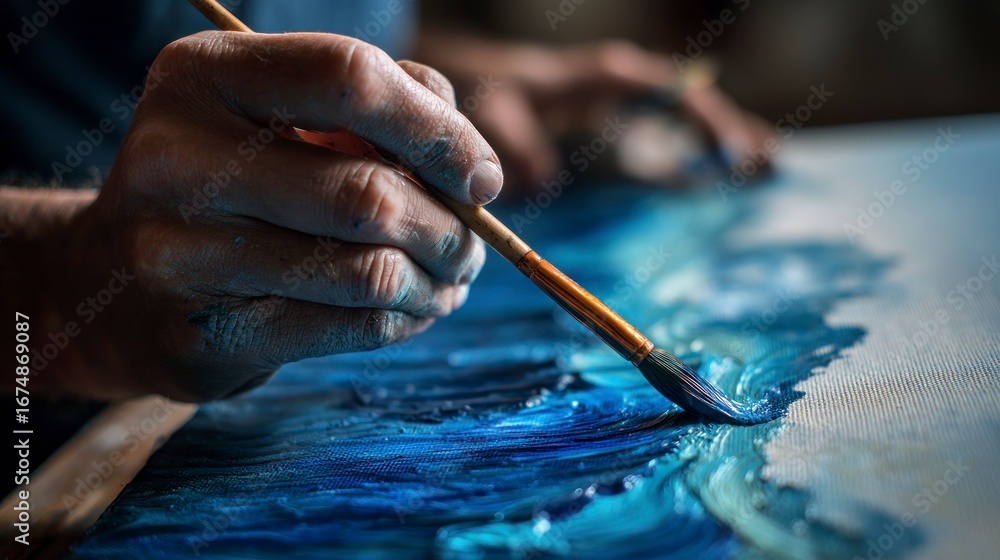 Obraz premium Hands painting with brush on canvas
