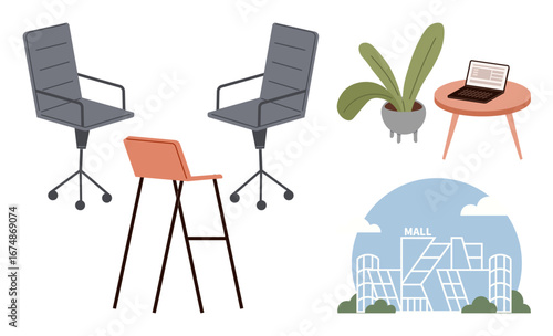 Ergonomic office chairs, minimalist stool, laptop on round table, indoor plant in pot, and a shopping mall building. Ideal for workplace setup, modern furniture, retail, urban design lifestyle