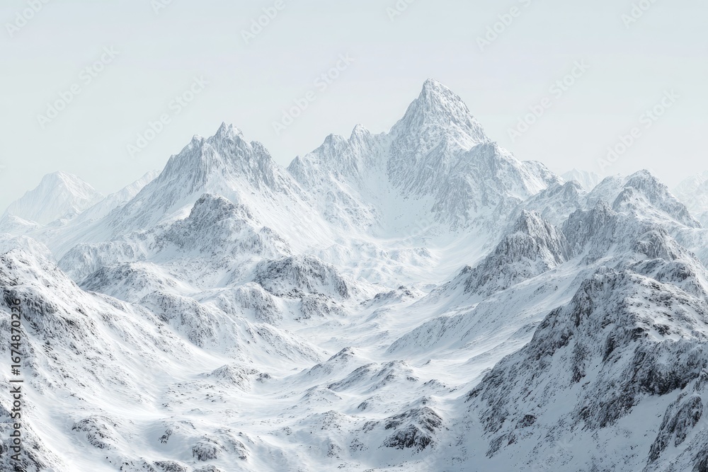 Obraz premium Snowy mountain range panorama. Vast, pristine peaks covered in a thick layer of snow, stretching into a pale, light sky. Sharp, rugged peaks and valleys. A cold, serene, and majestic view