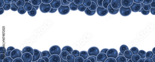 Vector seamless border with blueberries on top and bottom, large blank center for text. Suitable for menus, labels, packaging and berry designs