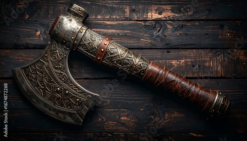 Ornate axe on dark wood