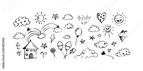 Cheerful cartoon doodles of weather and objects cloud
