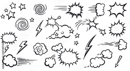 A collection of hand-drawn comic book style elements including stars, clouds, lightning bolts, speed lines, and explosion bubbles.