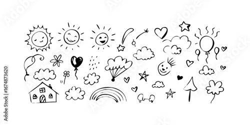 Cheerful doodle elements for kids clouds rainbow