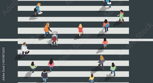 Overhead view of pedestrians crossing a city street marked with a zebra crossing.