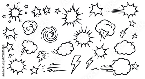 Collection of hand-drawn comic book sound effects and explosion illustrations in black and white.