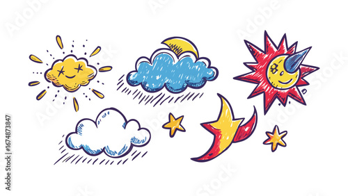 Cheerful weather icons with sun clouds and stars moon