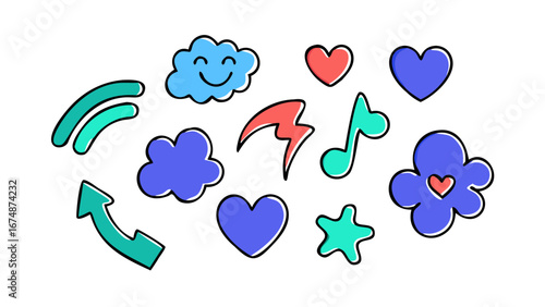 Colorful cartoon shapes and symbols hearts clouds