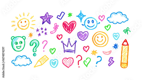 Colorful crayon doodles of happy faces and symbols