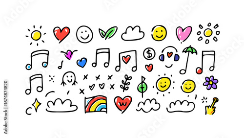 Colorful hand drawn doodles hearts smiles and objects