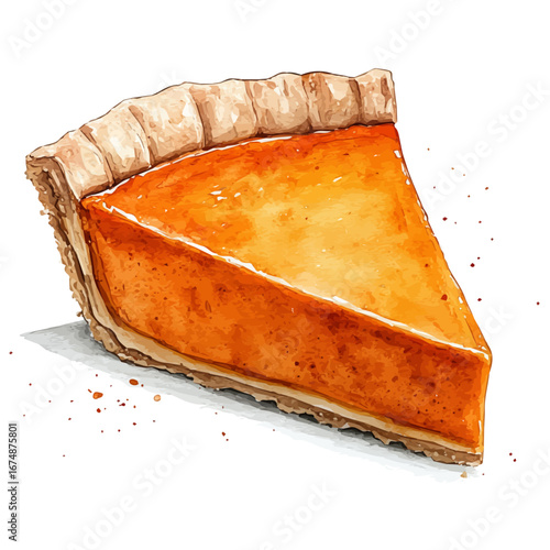 watercolor vector of Pumpkin Pie Slice Closeup, isolated on a white background.