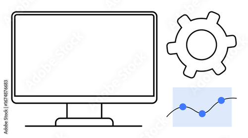 Computer monitor beside gear and chart representing data points connected by lines. Ideal for analytics, technology, process improvement, configuration, optimization, business, data-driven planning