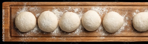 Several round balls of pizza dough rest on a wooden cutting board, dusted with flour
