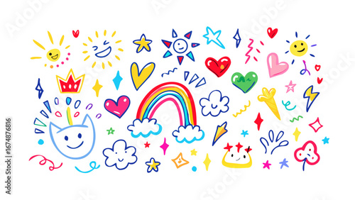 Fun rainbow doodle elements stars hearts