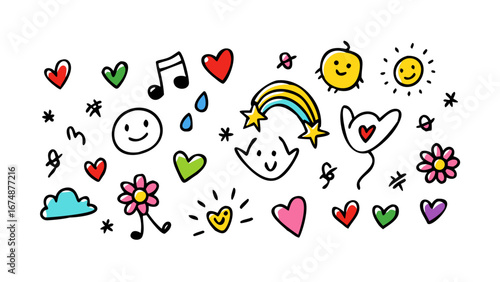 Hand drawn colorful doodle icons hearts