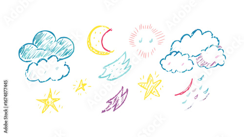 Hand drawn crayon weather elements drawing clouds