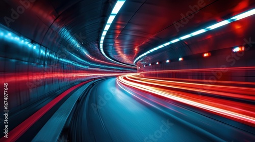 Abstract Red And Blue Light Trails In A Curving Tunnel