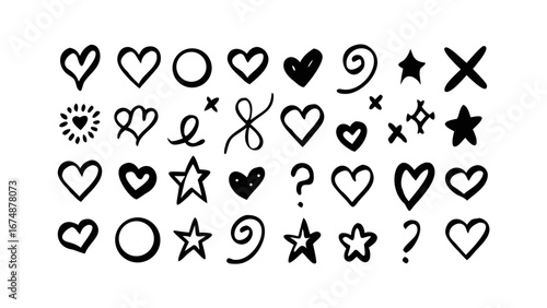 Hand Drawn Hearts Stars and Swirls circles