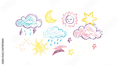 Hand drawn weather elements crayon style moon clouds