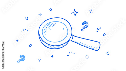 Magnifying glass with question marks and doodles search