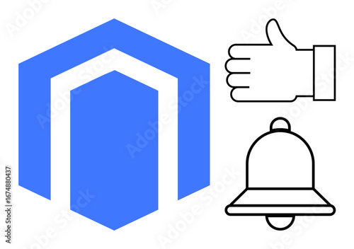 Blue hexagon symbol beside thumbs-up gesture and outlined bell. Ideal for notifications, approval, alerts, communication, branding, modern concepts, and simple landing page