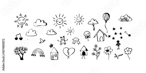 Playful doodle elements with nature and celestial themes