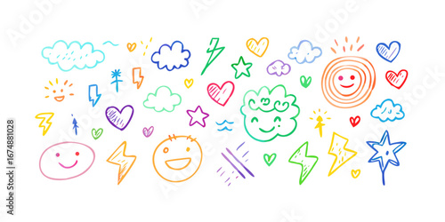 Playful doodle icons with rainbow colors happy