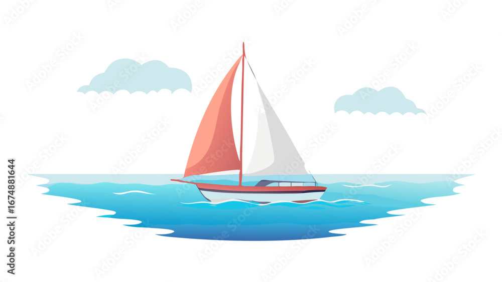 Fototapeta premium Sailboat on blue water with clouds sailing ocean