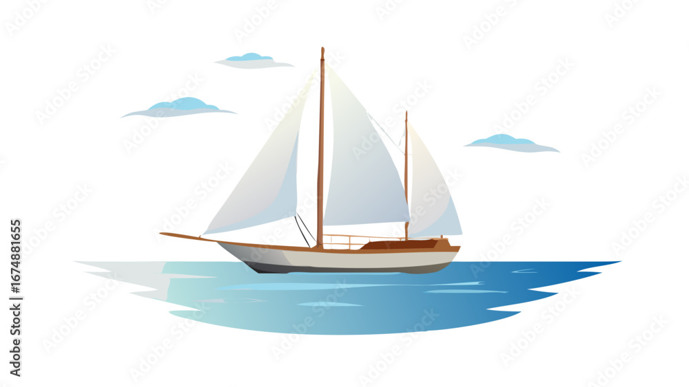 Fototapeta premium Sailboat on blue water with clouds sailing ocean
