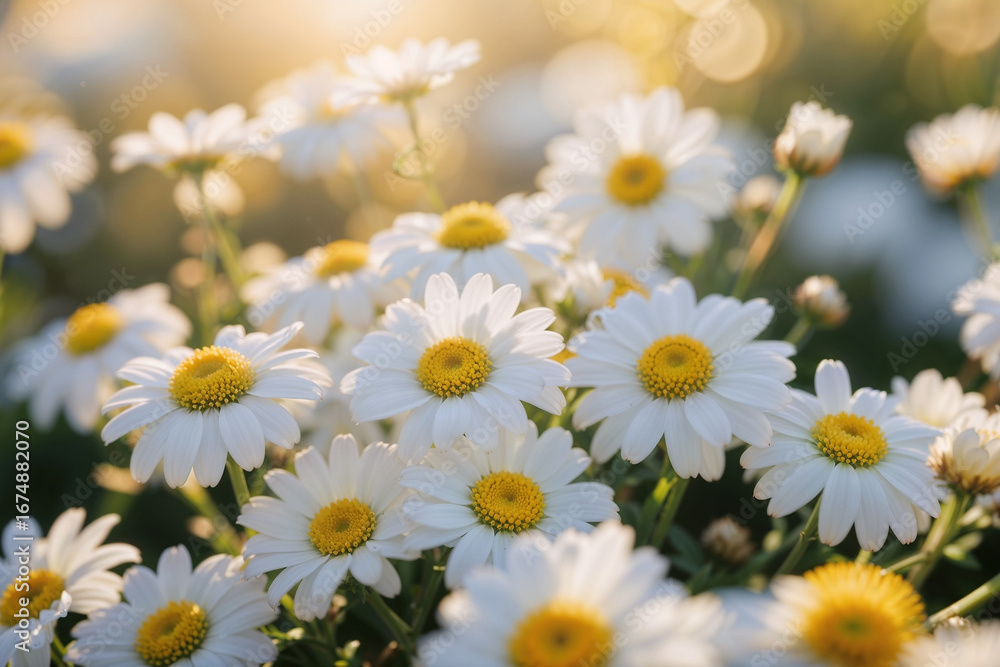 Fototapeta premium Bright Sunlit Field of White Daisies Flowers Golden Sunlight Bokeh
