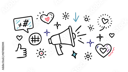 Social media icons and doodles communication