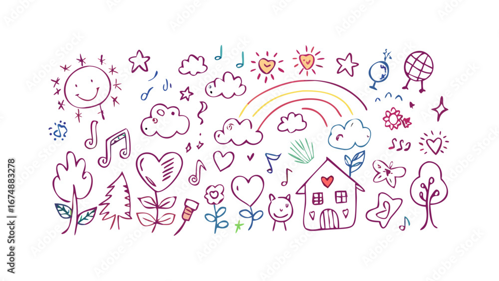 Fototapeta premium Whimsical doodle art with nature and music elements