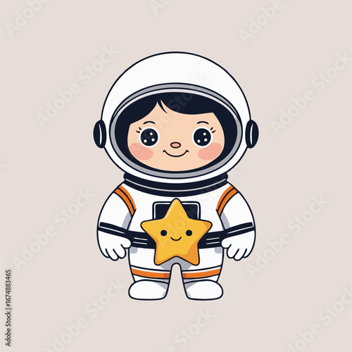 A charming vector illustration of a joyful astronaut holding a bright, sparkling star, with a backdrop of swirling galaxies and colorful shooting stars illuminating the scene.