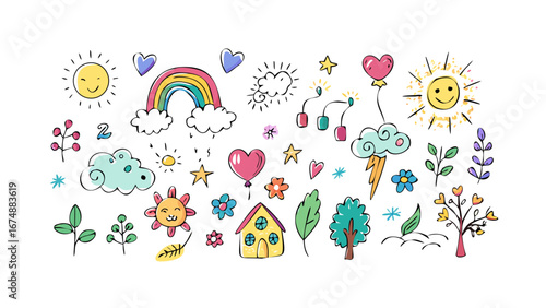 Whimsical doodle elements with suns rainbow and house