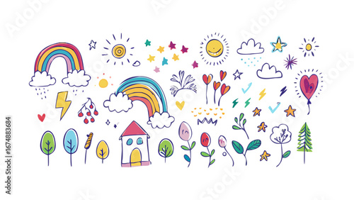 Whimsical doodles of nature and weather rainbow clouds