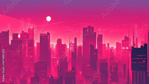 Vibrant futuristic cityscape showcases pink skyscrapers stunning sunset, creating urban skyline filled with innovative technology and geometric