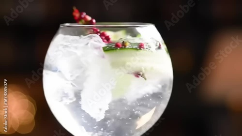 Close up of refreshing gin and tonic cocktail with cucumber and peppercorns