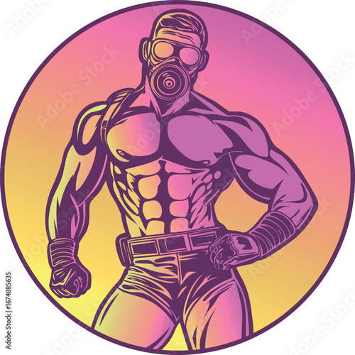 Gay man in gasmask and leather shorts with bare chest in circle. Circular sm graphic symbol (vector)