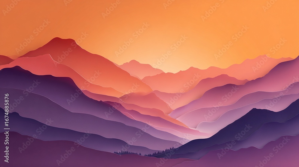 Obraz premium Minimalist geometric mountain landscape at sunrise, using gradient orange, pink and purple paper cut overlay design isolated on a pure white background, conveying the beauty of tranquil nature