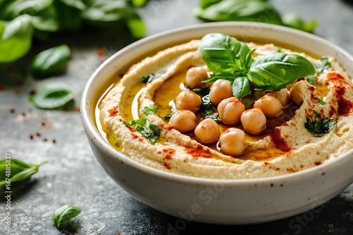 Creamy Hummus Bowl Topped with Chickpeas, Basil, and Paprika Sprinkling on Textured Surface