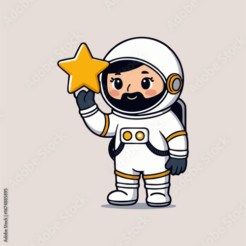 An adorable astronaut in a bright spacesuit, gently cradling a sparkling star, with playful cartoon animals peeking out from behind planets, all looking amazed.