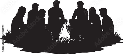 People Gathering Around Campfire Silhouette Vector Illustration