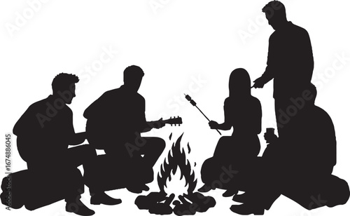 Group of Friends Around Campfire Silhouette Playing Guitar Roasting Marshmallows
